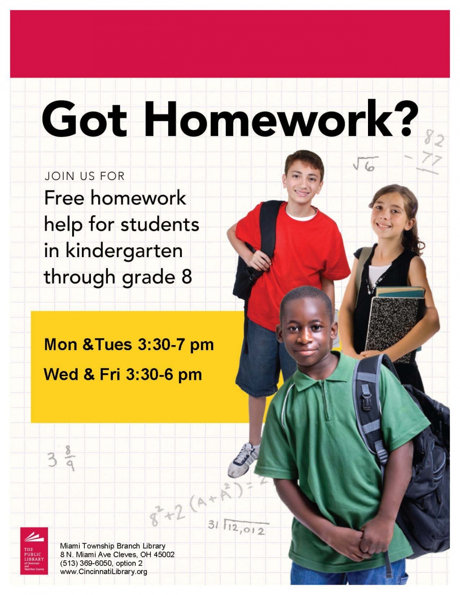 flyer for free homework help from the Miami Township Library. 